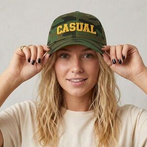 CASUAL Varsity Camo Hat— Gold Embroidered Structured Velcro Baseball Cap College
